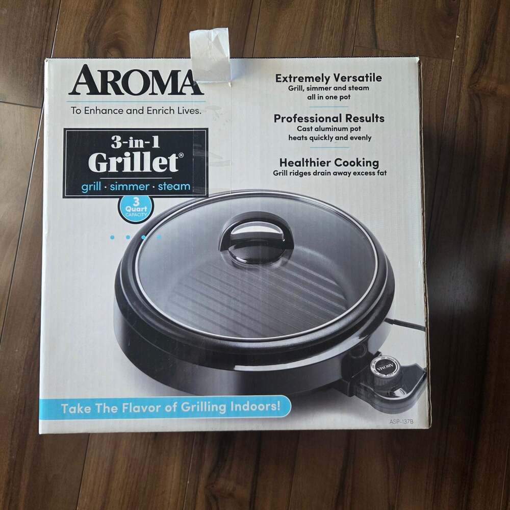 Aroma 3-in-1 Grillet Electric Grill Simmer Steam 3-Quart ASP-137B